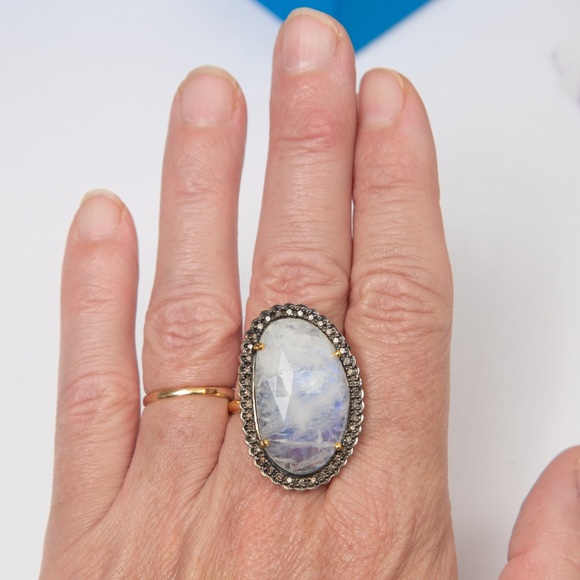 Rarities by Carol Brodie statement cocktail ring large moonstone & diamonds 10 - Picture 3 of 15